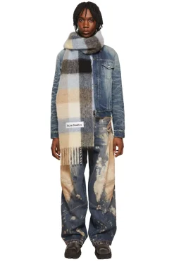 Acne Mohair Checked Scarf Skjerf Blå Og Beige