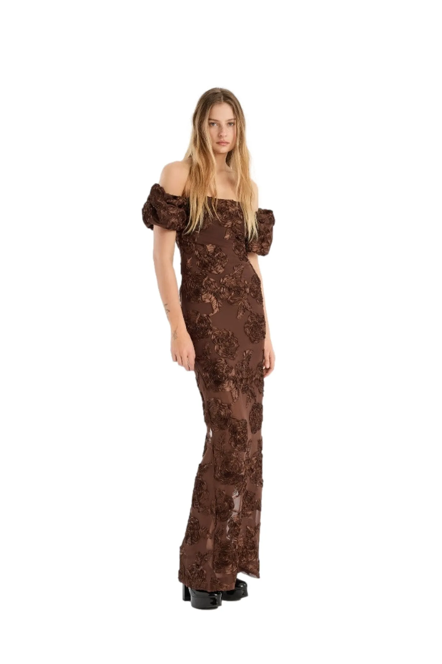 ROTATE Flower Mesh Maxi Dress Kjole Brun