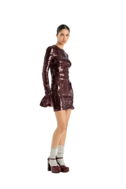 ROTATE Sequins Ls Mini Dress Kjole Burgunder